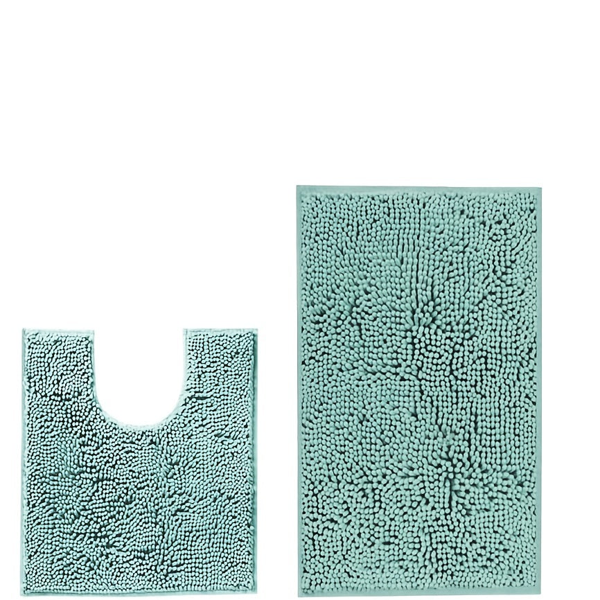 Set of 2 Chenille Bathroom Mats: U-shaped and rectangle, shaggy plush design for water absorption and anti-slip protection.