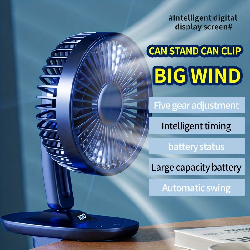 A versatile USB fan perfect for camping and outdoor activities, this desktop fan can be clamped or stood on a surface. With a shaking head function and built-in large capacity battery, it provides convenient cooling wherever you go.