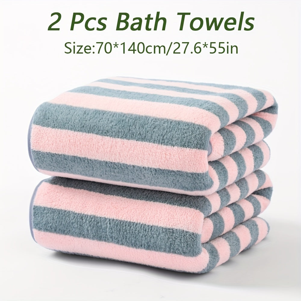 2 high-quality microfiber bath towels with stripe pattern. Absorbent, quick-drying, and soft towels available in multiple colors for use in the bathroom, gym, or shower.