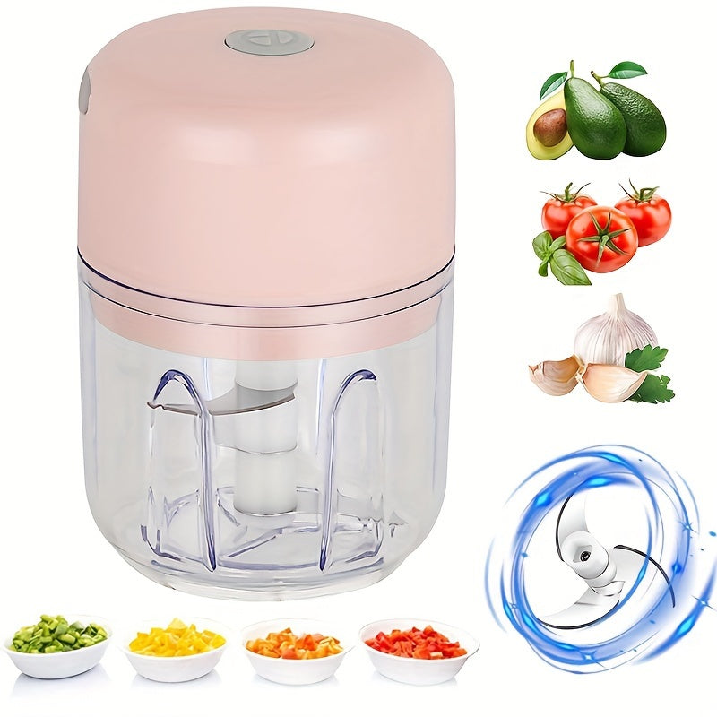 Portable mini food processor with stainless steel blades, USB rechargeable, 1200RPM speed, speed control, easy to clean, 250ML capacity, lithium battery.