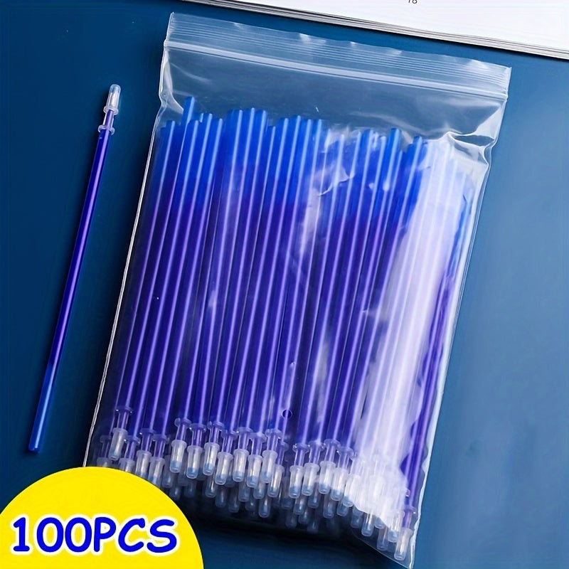 Set of 100 erasable gel pen refills with 0.5mm blue and black ink, washable handle for comfortable writing.