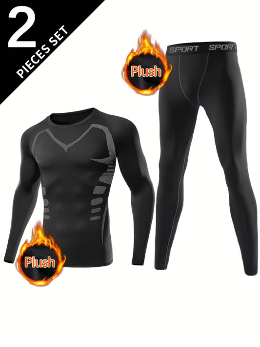 Men's thermal fleece compression shirt and leggings set, ideal for winter sports and outdoor activities, featuring a round neck long sleeve top and tight-fit pants.