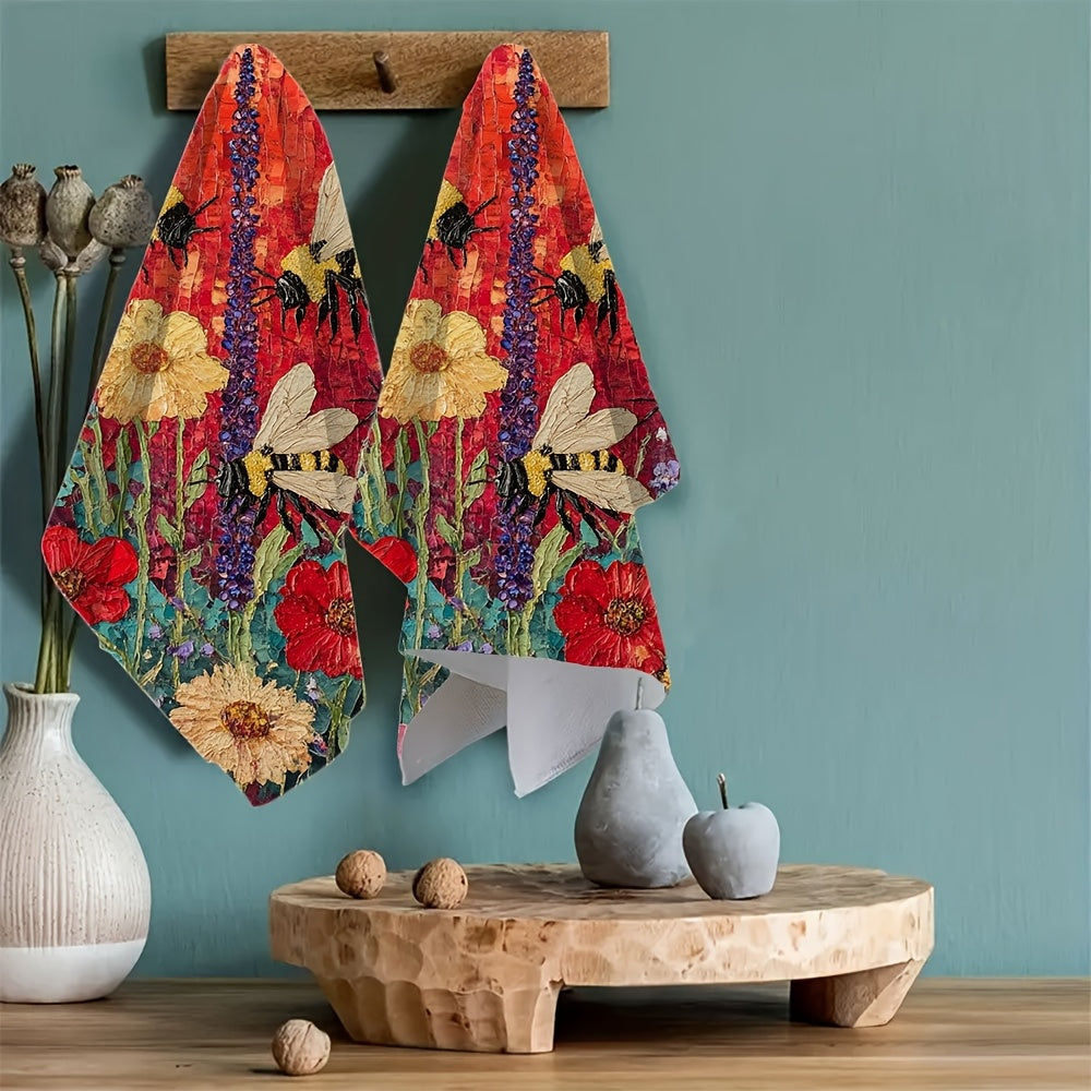 The set includes two kitchen towels with a vibrant design of bees in a flower garden. These ultra-soft towels are highly absorbent and perfect for holiday decorating. They are machine washable and measure 40.64X60.96 cm.