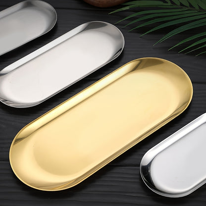 Oval-shaped stainless steel food tray for breakfast in kitchen or restaurant.