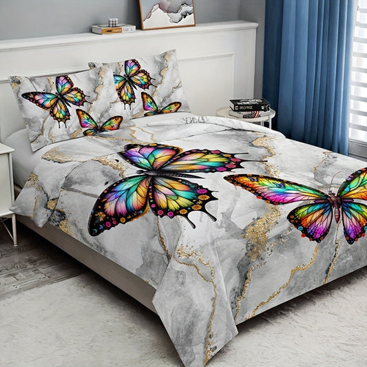 Fashionable duvet cover set featuring a bronzing marble feather print. This bedding set is soft and comfortable, ideal for any bedroom or guest room. Set includes 1 duvet cover and 2 pillowcases (without core).