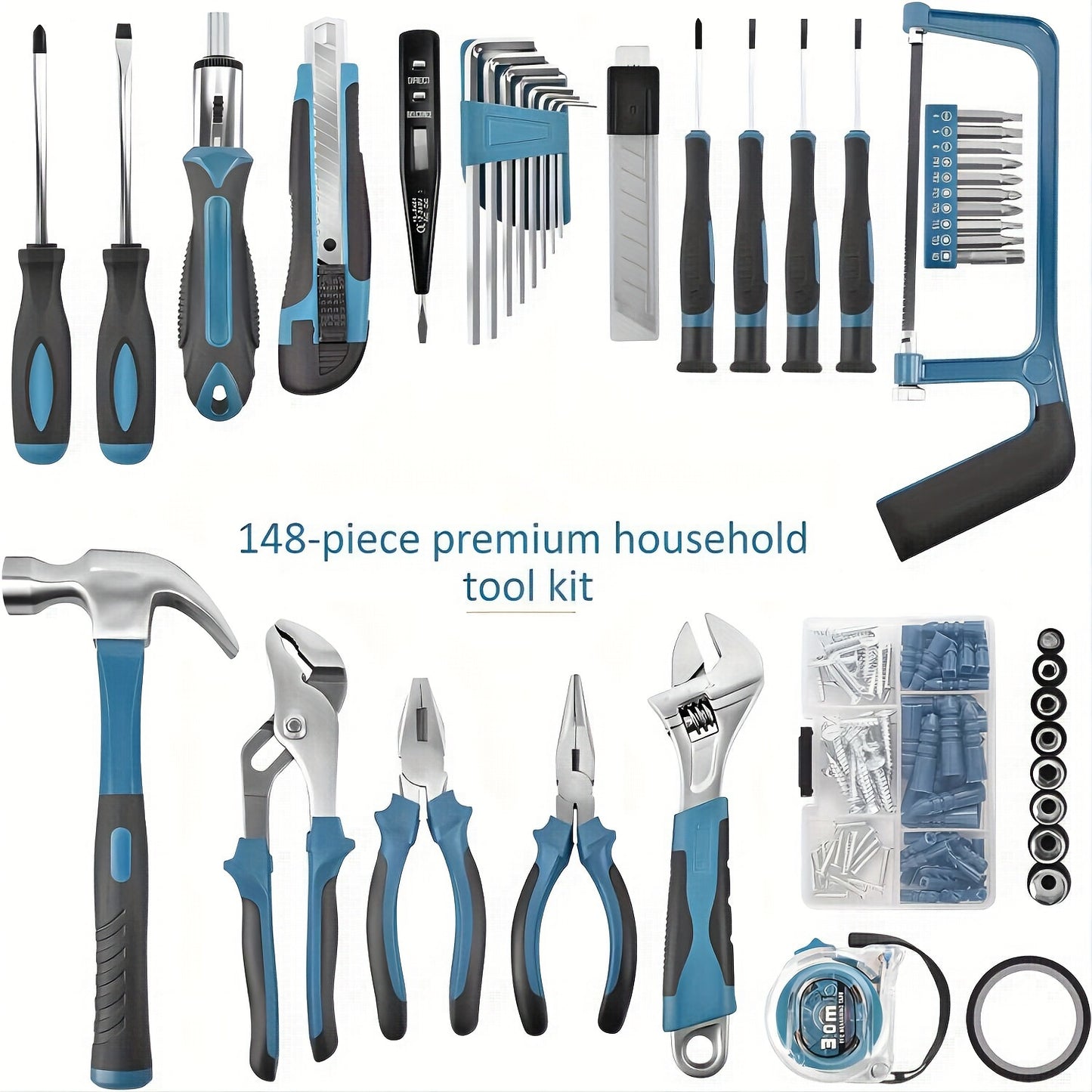 148 piece home tool kit with portable case, ratcheting screwdriver, hex key, pliers, wrench, tester - perfect gift for DIY enthusiasts.