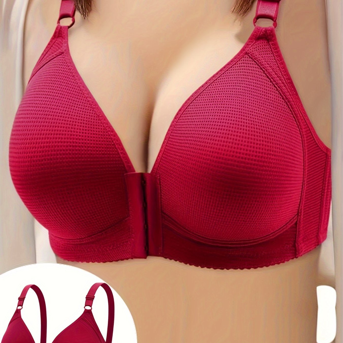 Front-closure plus size bra with breathable fabric, comfortable fit, non-removable padding, and suitable for all seasons.