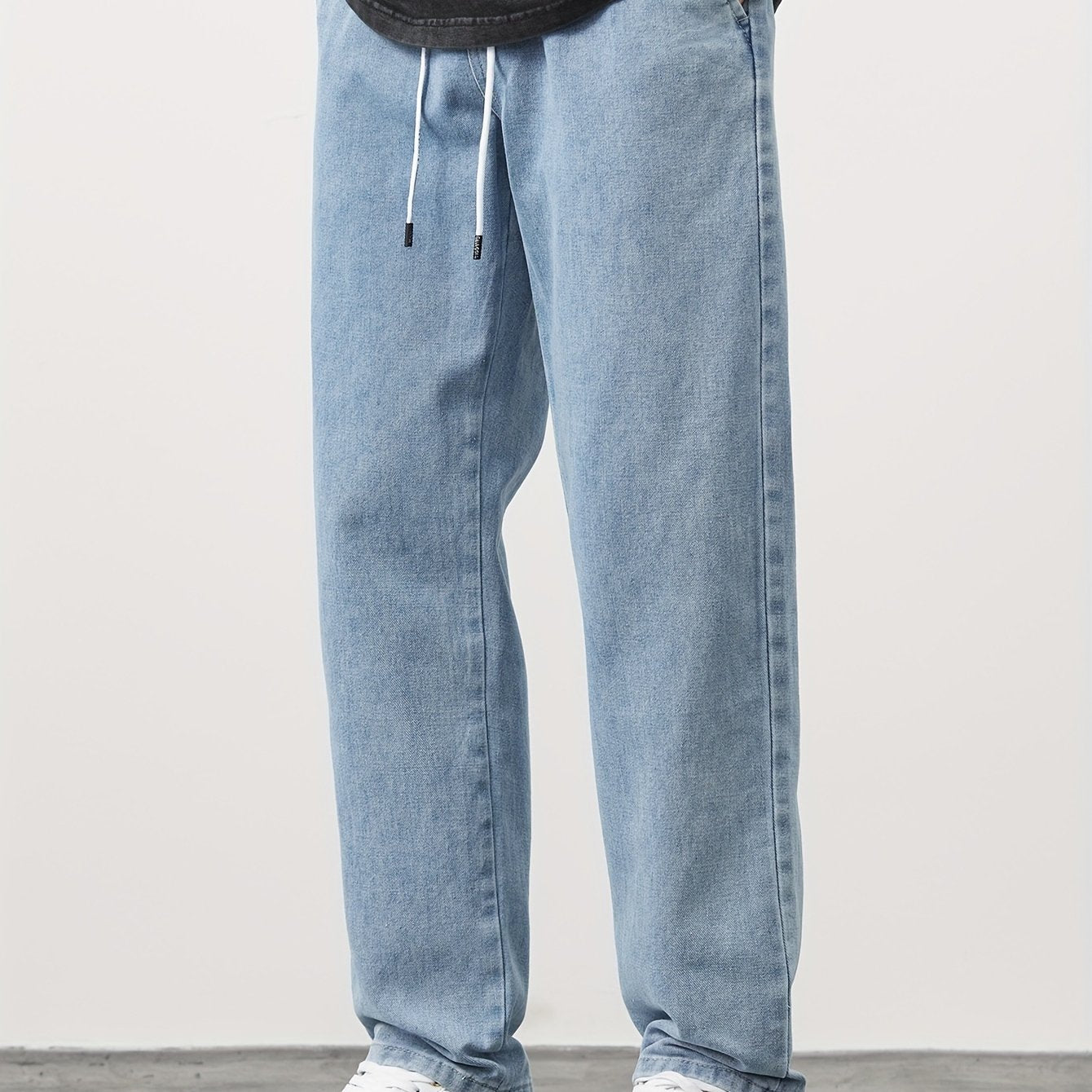 New style for Spring and Autumn 2024: Men's straight-leg denim pants from Japanese and Korean brand, Gengyuan. Loose fit, versatile, and fashionable drawstring sports casual cropped