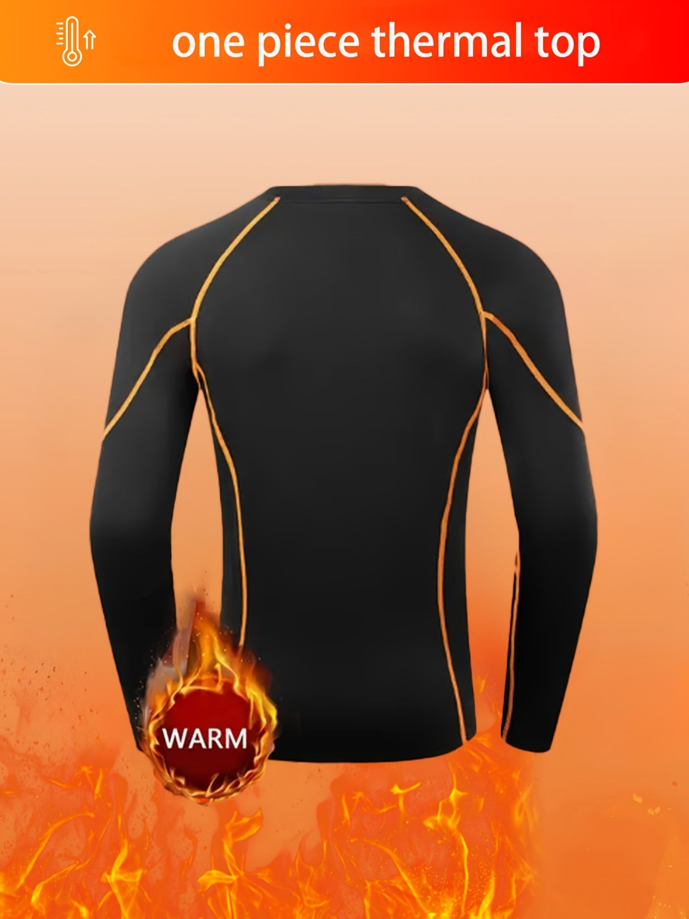 Men's thermal long-sleeve shirt with fleece lining in black with orange logo, made of high-elastic polyester blend for cold weather. Ideal for outdoor sports, skiing, and hiking. Features a