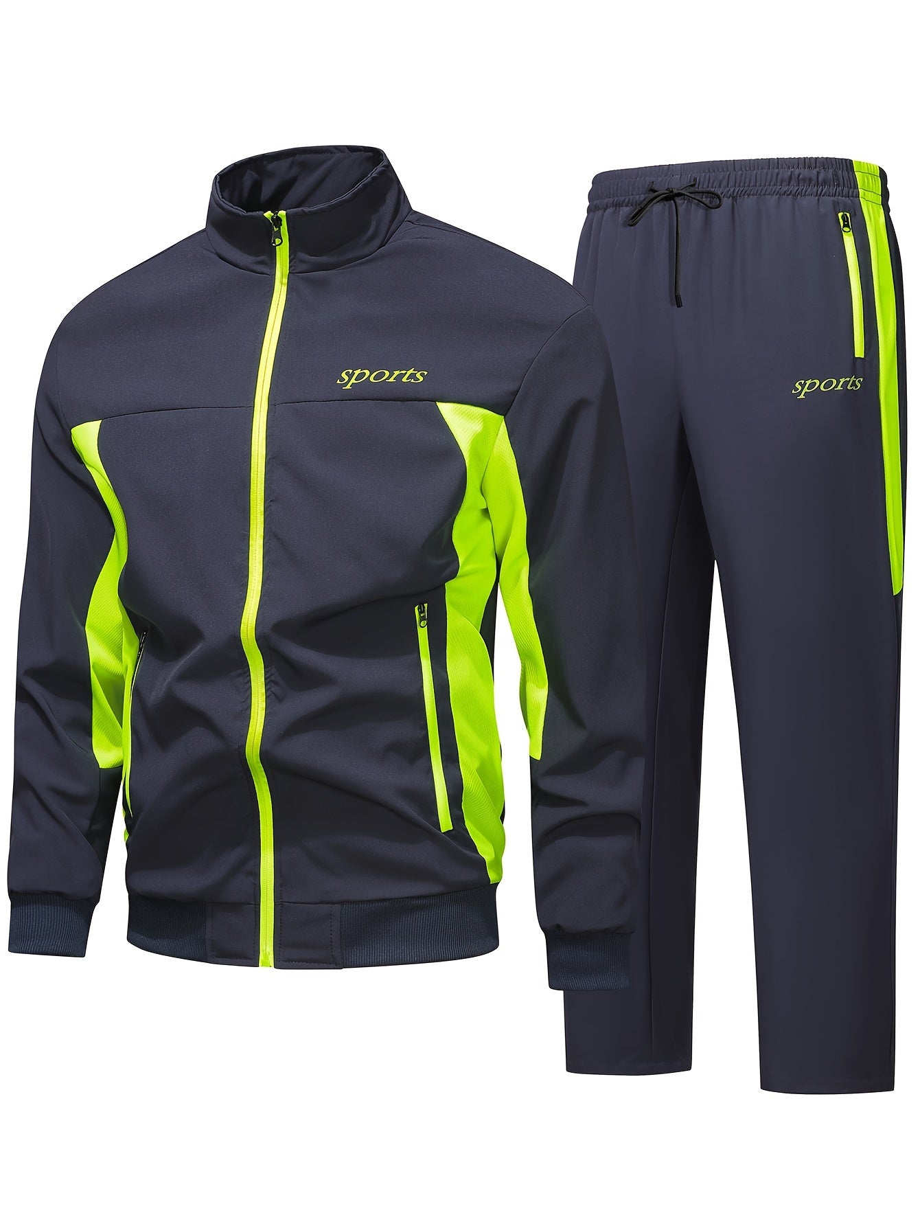 Men's color block sports tracksuit set with zipper jacket and pants - machine washable and dry cleanable.