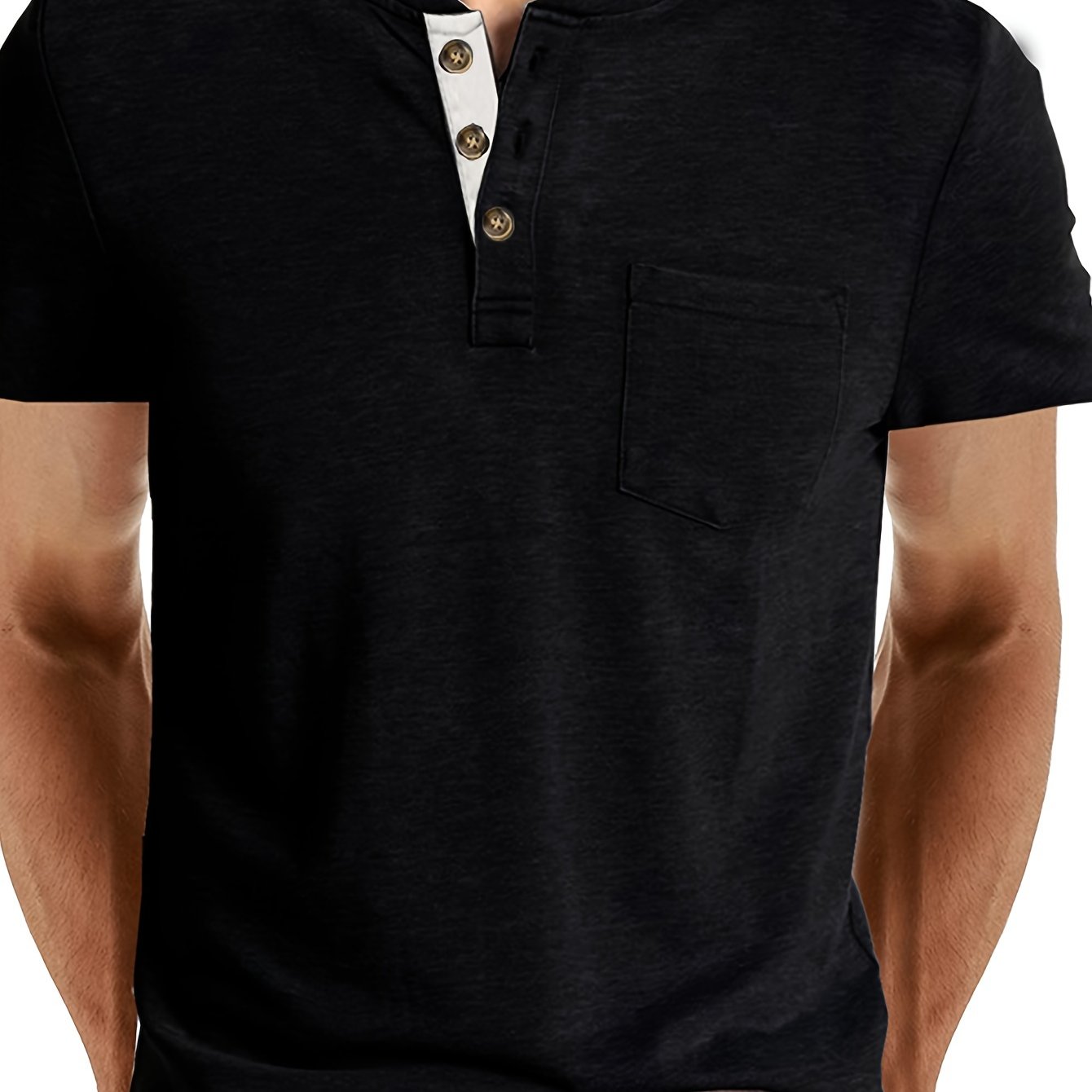 Men's Classic Blue Henley Shirt with Comfortable Fit, Casual Short Sleeve, Chest Pocket, Round Neck, Machine Washable - Ideal for Casual Attire.