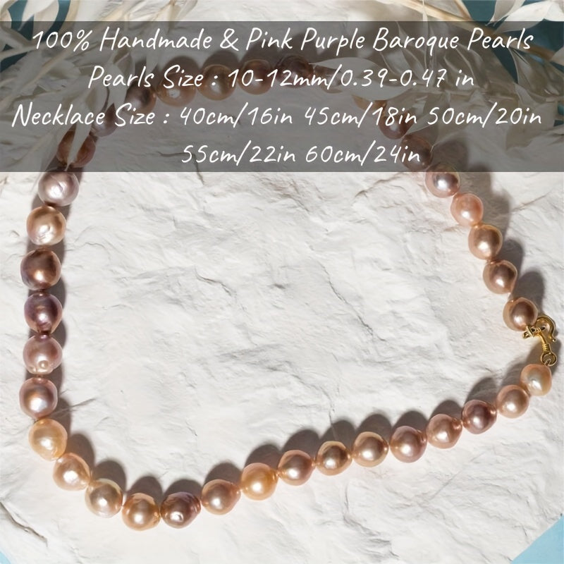 Exquisite Baroque Pearl Necklace in Purple & Pink - Handcrafted with 10-12mm Natural Freshwater Pearls and a Golden Clasp, Presented in a Gift Box - Ideal for Everyday, Special Occasions, and Celebrations such as Birthdays, Anniversaries, and Valentine's