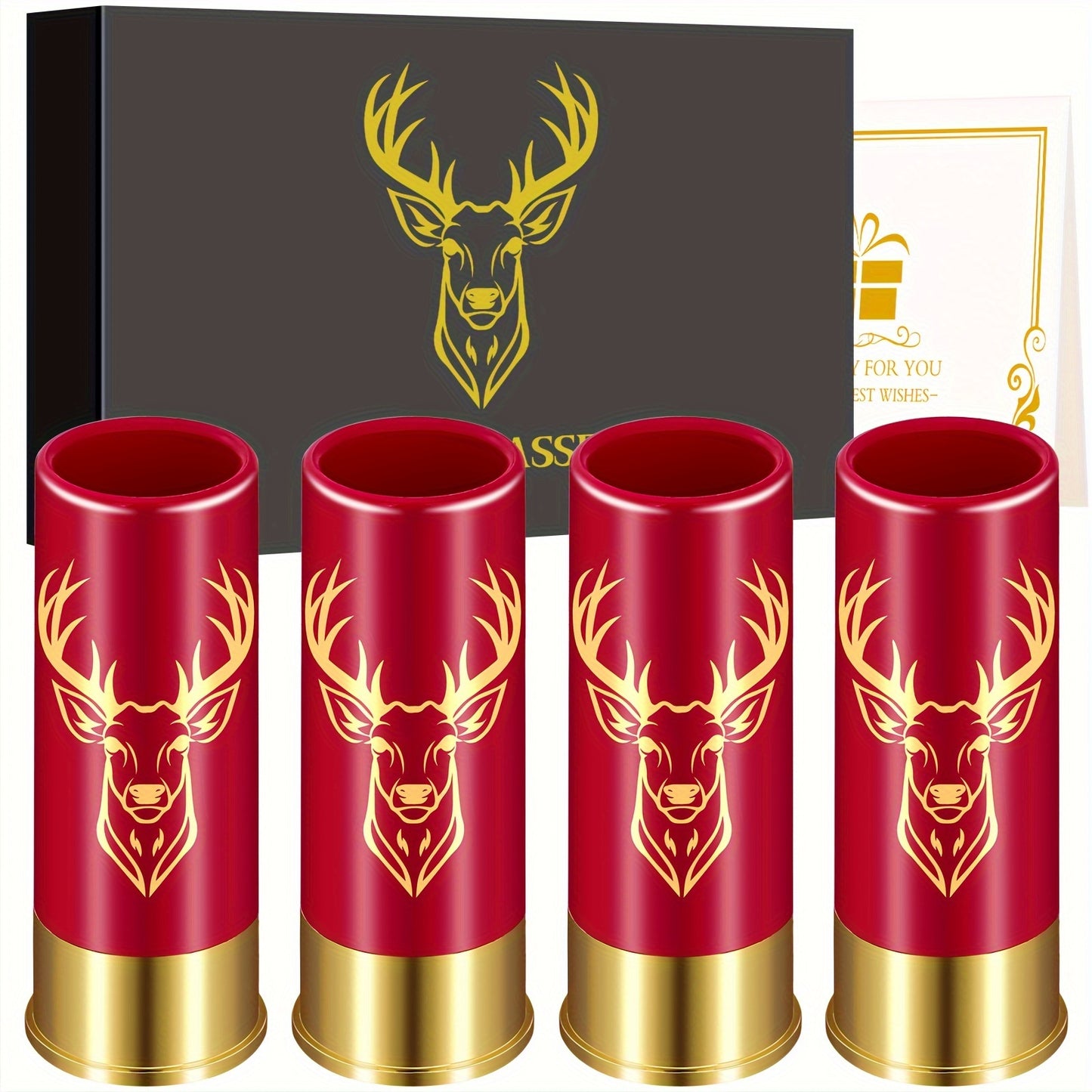 Set of 4 reusable plastic shot glasses with deer and skull designs and 12GA bullet shaped cups. Made of recyclable material, ideal for parties and gifting.