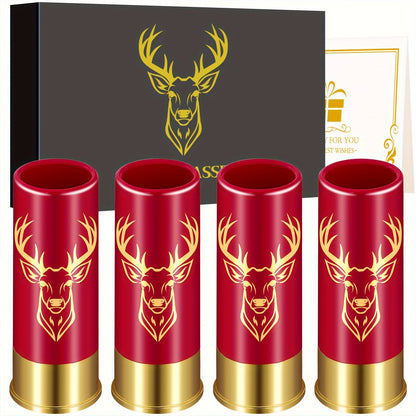 Set of 4 reusable plastic shot glasses with deer and skull designs and 12GA bullet shaped cups. Made of recyclable material, ideal for parties and gifting.