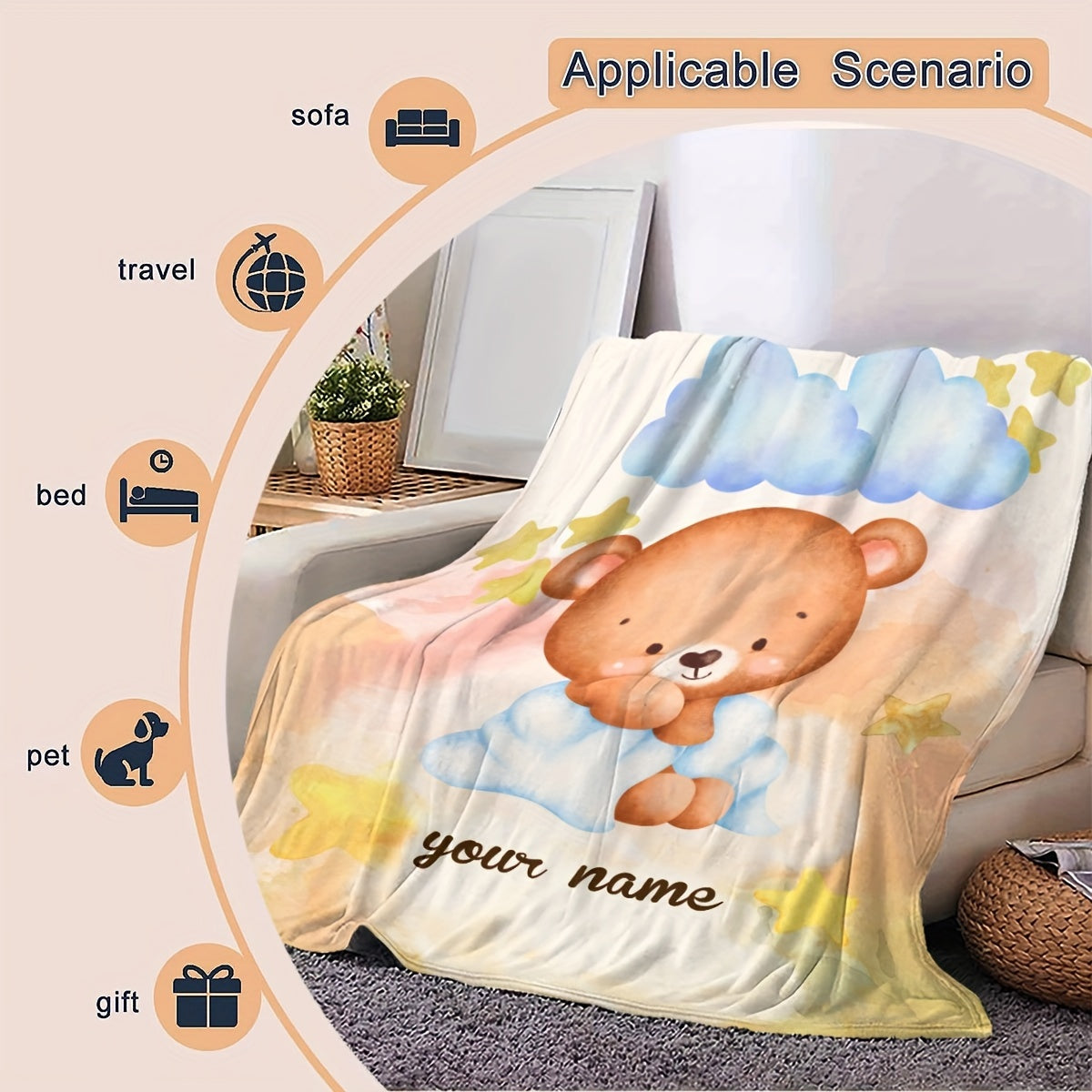 Personalized Cartoon Bear Print Flannel Throw Blanket - Modern Style, Versatile All-Season Knitted Polyester Blanket for Various Uses, Stylish Gift Blanket for Home Decor - Customize with Your Name