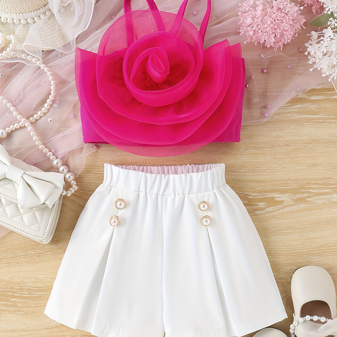 Sweet & Trendy Little Girl's 3D Rose Floral Camisole + Shorts Set for Summer Parties