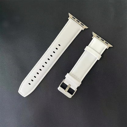 This preppy style calfskin leather watch band is the perfect replacement for your Apple Watch Series SE, 3, 4, 5, 6, 7, and 8. Available in sizes 38mm, 40mm, 41mm, 42mm, 44mm, 45mm, and 49mm, it features a stylish deployant clasp and is suitable for both