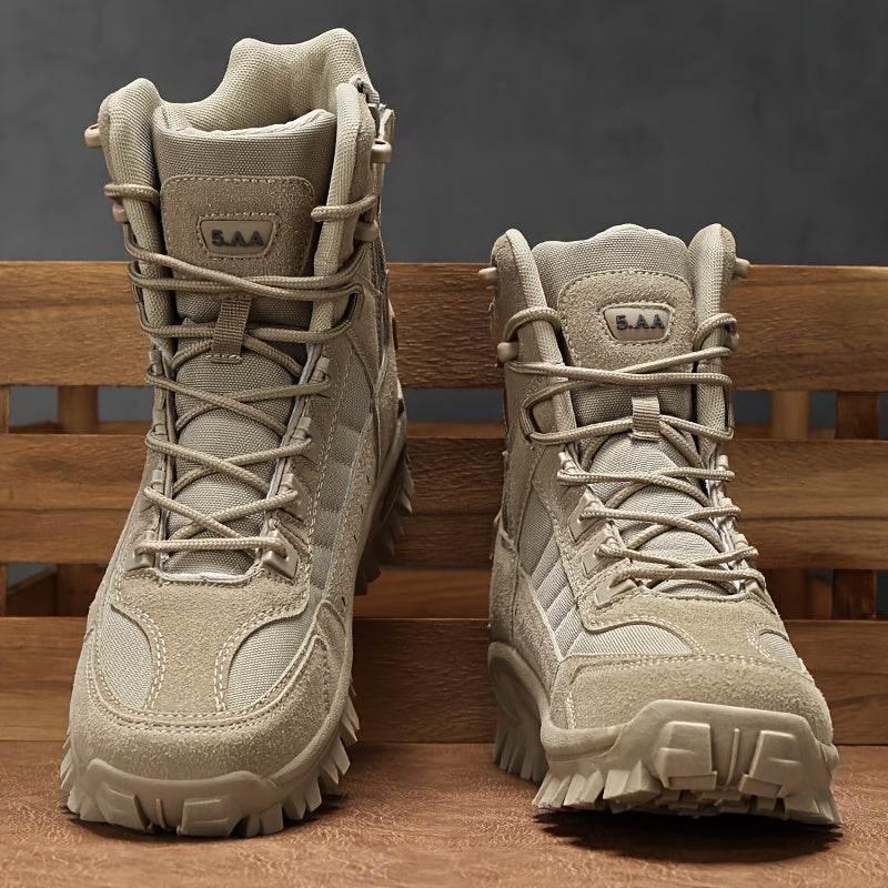 Durable men's khaki hiking boots with side zipper, non-slip sole, mesh lining for outdoor adventures.