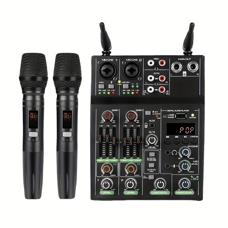 4-Channel Audio Mixer with UHF Mic System for Stage, Karaoke, and Live Performances – USB Powered, Alloy Construction, Black, Includes 2 Microphones and Phantom Power Supply, Mic Accessories