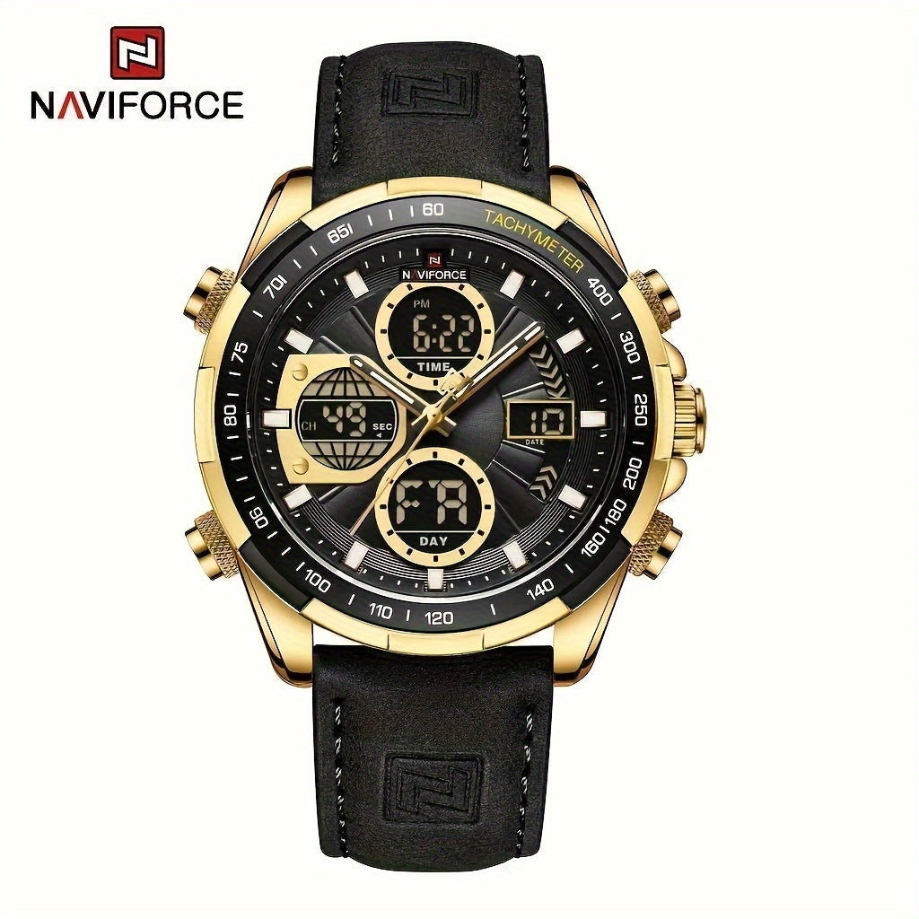 NAVIFORCE Men's Luxury Sports Quartz Watch - Waterproof, Genuine Leather Strap, Dual Display with Date & Chronograph Functions, Stainless Steel Case, Green Accents, Tachymeter Equipped