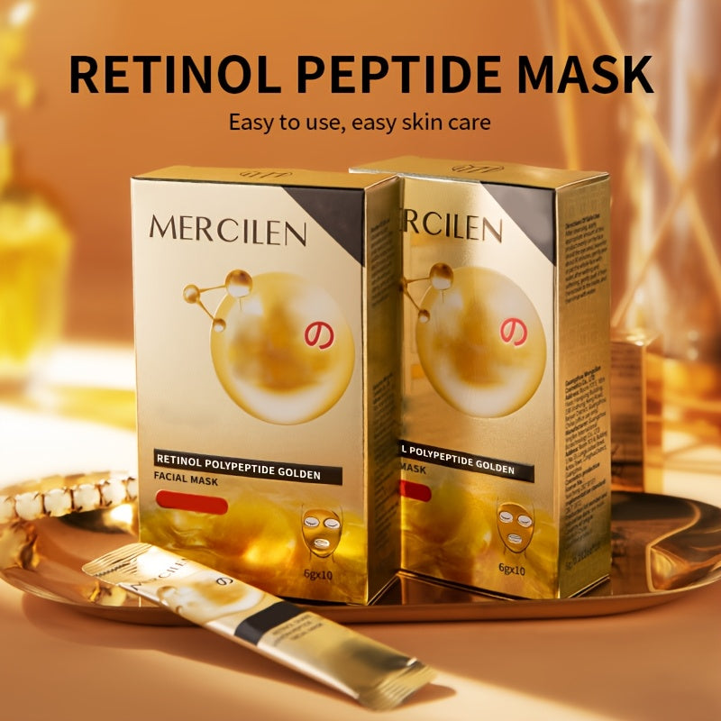 MERCILEN Retinol Polypeptide Golden Facial Mask - 10pcs, 6g each. Deep cleanse, firm, and moisturize for smooth, radiant skin. Contains Hyaluronic Acid & Vitamin E. Suitable for all skin