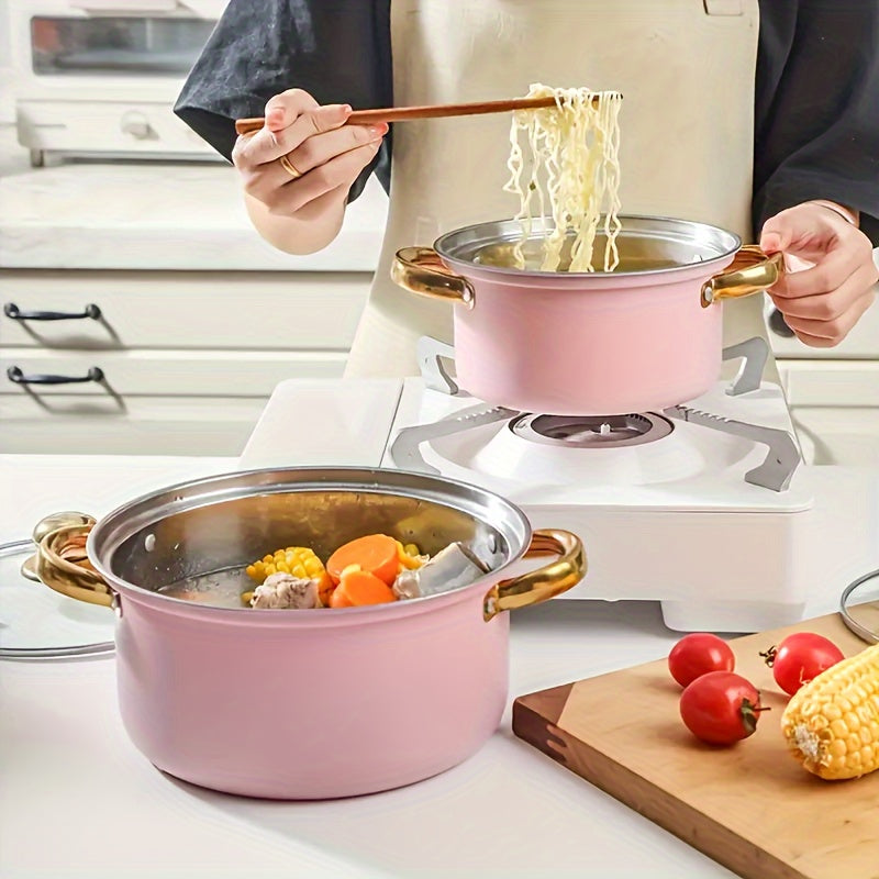 A set of 10 stainless steel soup pots including 5 pots and 5 lids, featuring glass lids and golden handles. These non-stick pots are perfect for a stylish addition to your kitchen and household cookware collection.