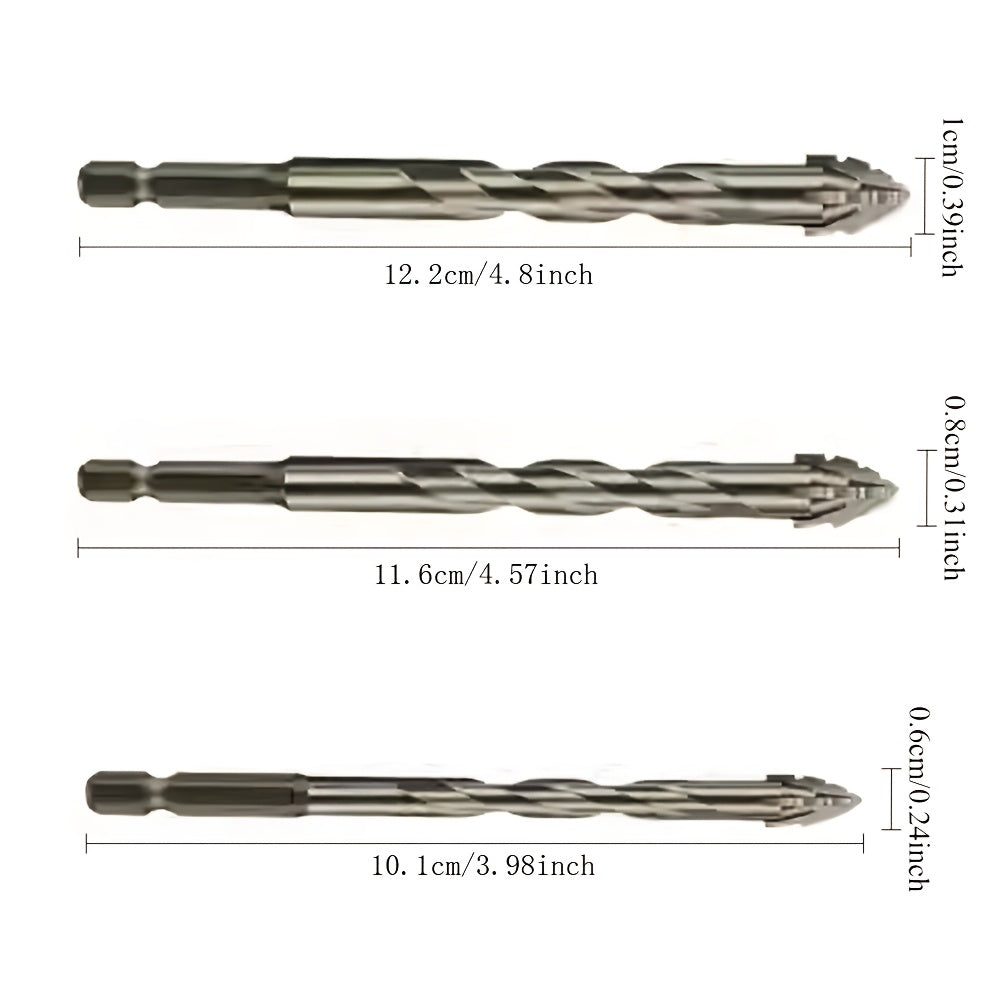 3 ProPlus carbide-tipped drill bits with hex shank for various materials, ideal for dry drilling.