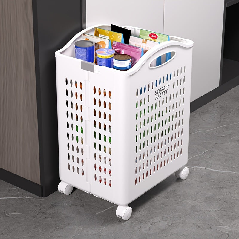 One piece of a large collapsible wheeled laundry basket made of portable plastic, perfect for dorms and bathrooms. Ideal for storing dirty clothes and other laundry items.