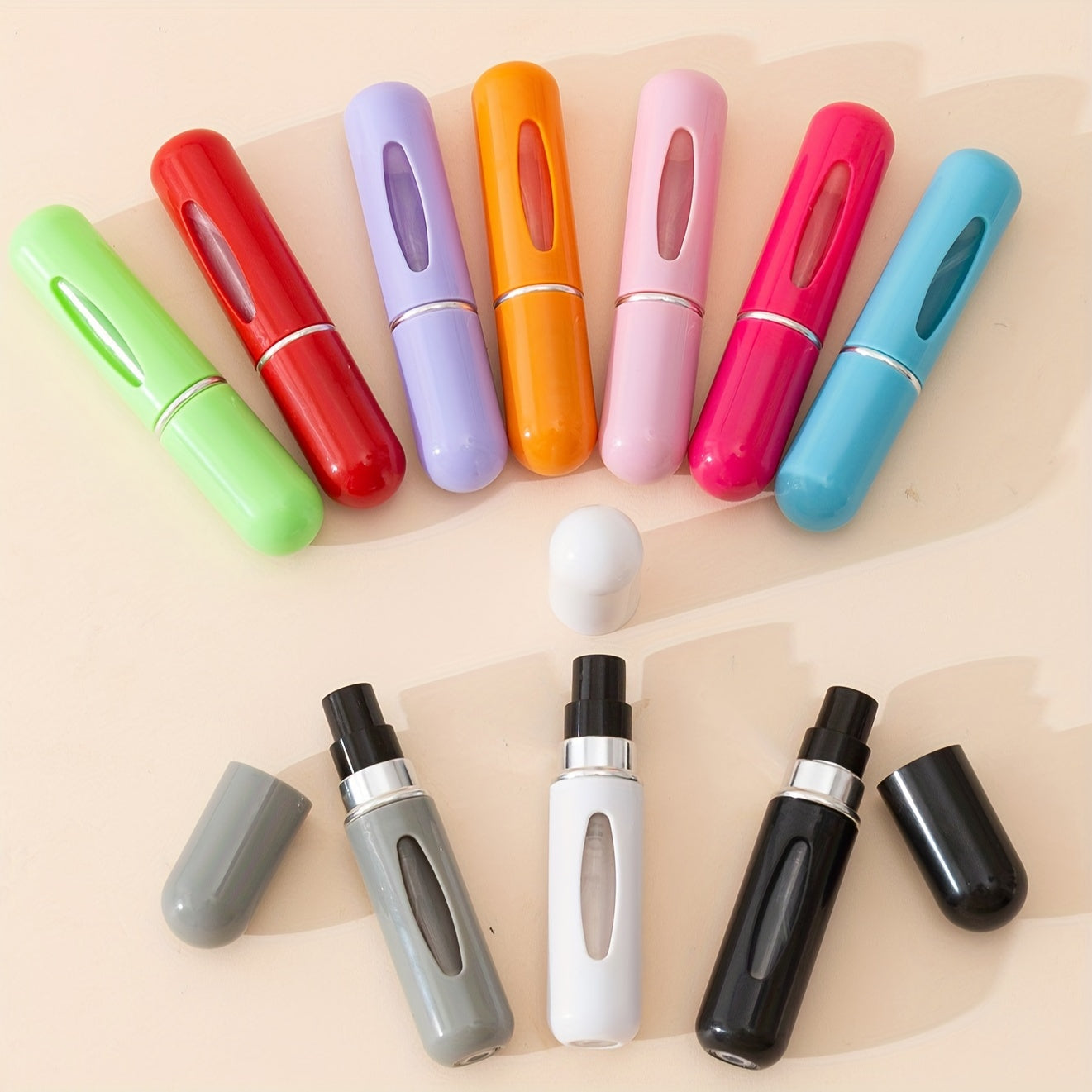 10 count of 5ml portable fine mist spray bottles for perfume, oil, cologne, and liquid. Easy-pump design for convenient travel refill.