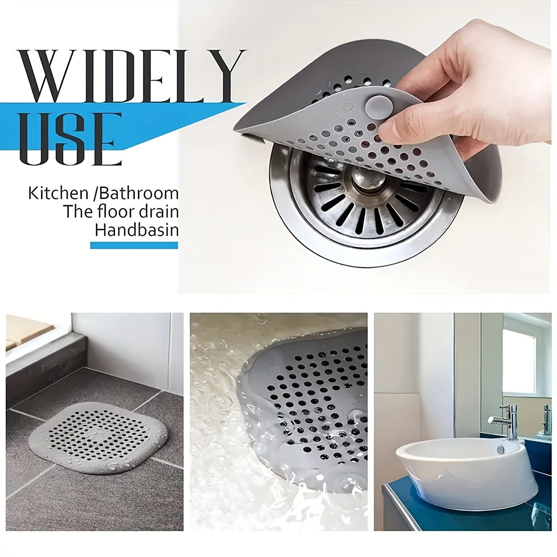 Durable white hair catcher for kitchen and bathroom drains, odorless and anti-clog design, made of thermoplastic rubber material.