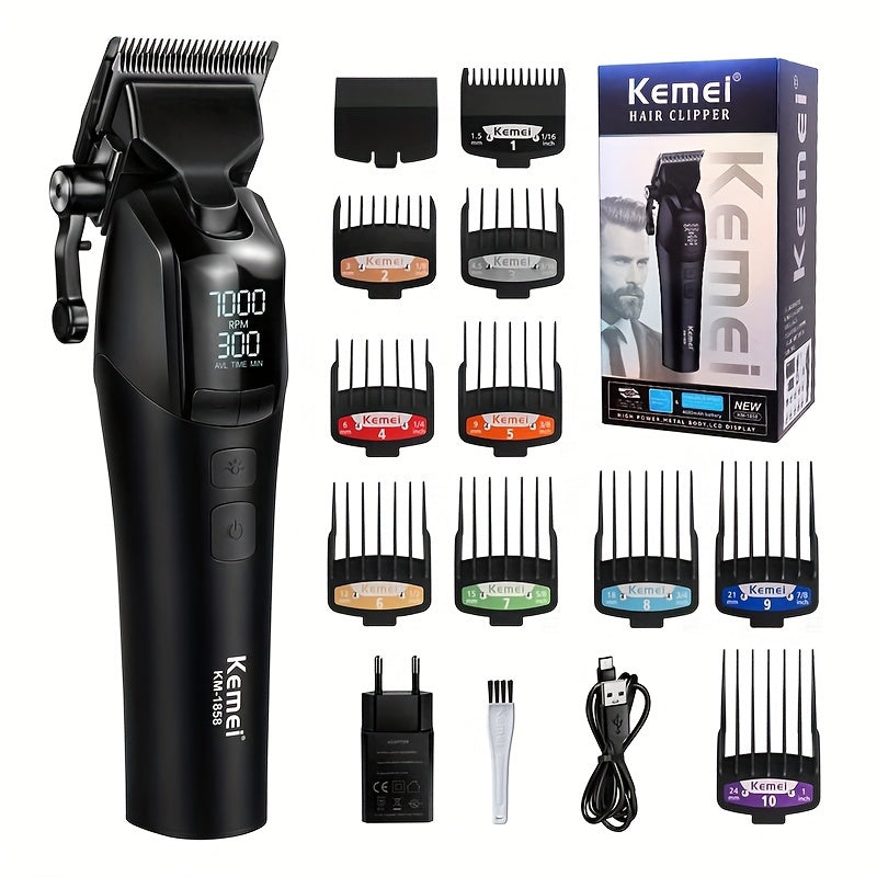 KEMEI Km-1858 DLC Blade Electric Hair Clipper is a professional cordless hair clipper that is USB rechargeable and comes with a light.