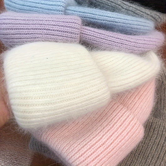 Soft knit beanie in candy colors for women, perfect for casual wear in autumn and winter.