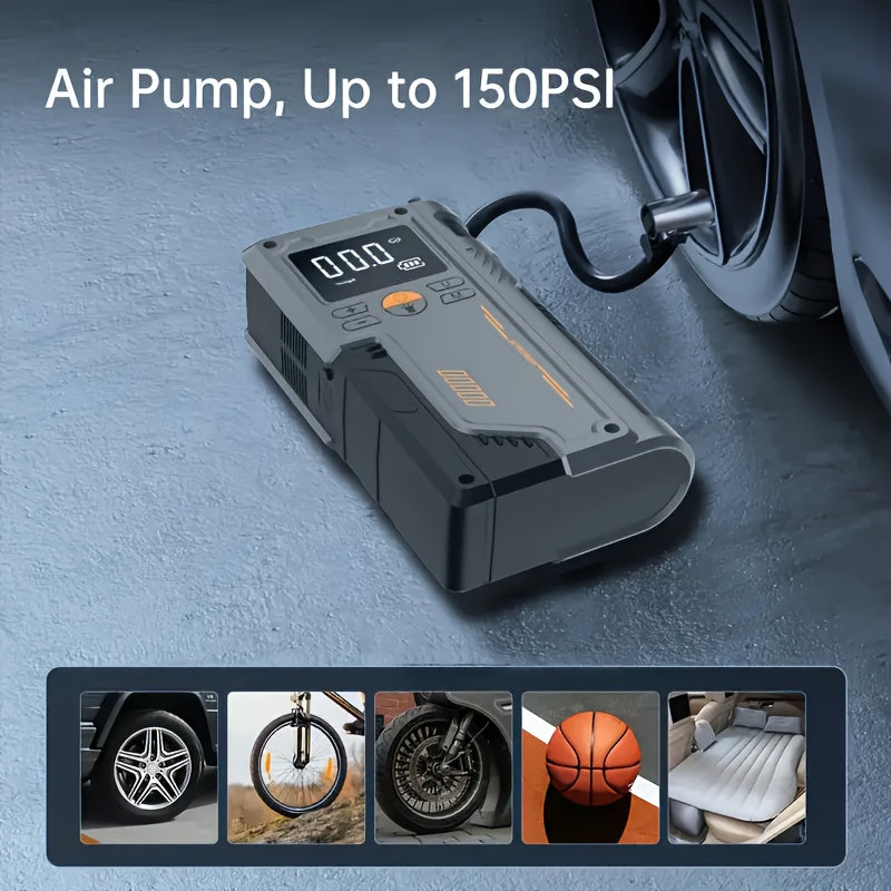 Portable car inflator pump with emergency night light and wireless power supply. Features 8000mAh lithium battery for tire inflation and emergency use.