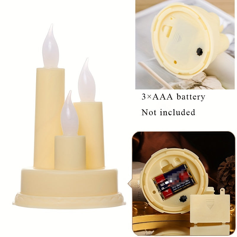 3 flameless gold electronic candles for Halloween, Christmas, parties, camping, weddings, and home decor.