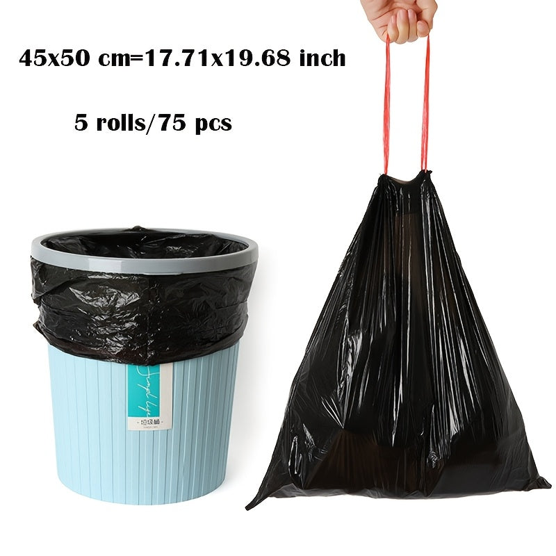 75 pieces of multi-colored disposable trash bags made of durable, leak-proof polyethylene for easy cleanup in the kitchen, bathroom, bedroom, and living room.