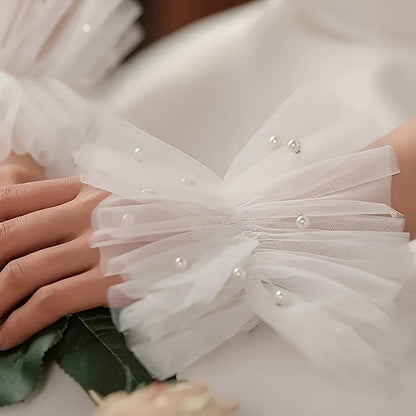 Stylish White Mesh Beaded Bridal Wrist Cuffs - Elegant Choice for Fashionable Wedding Sleeve Decorations, Made from Polyester