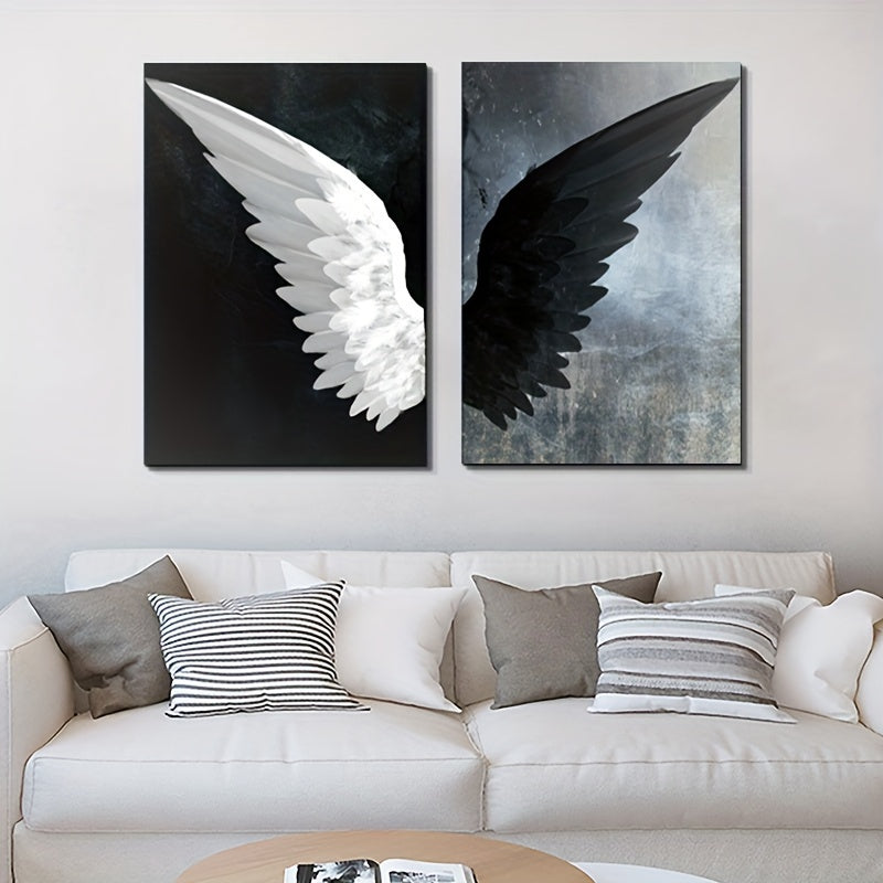 Set of two modern black and white angel wings canvas prints for living room, bedroom, office, or hallway decor. Frames not included.