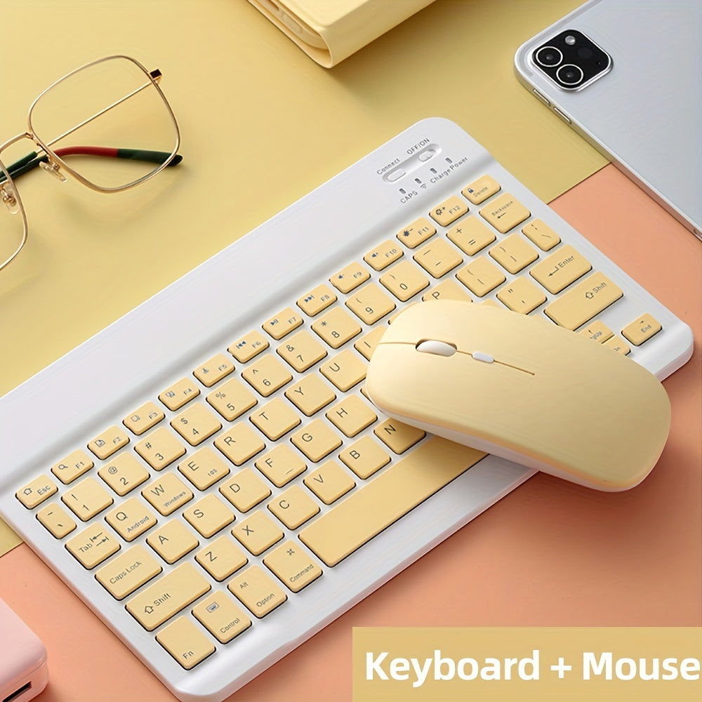 Slim wireless keyboard and mouse set for iPads, tablets, laptops, and office computers.