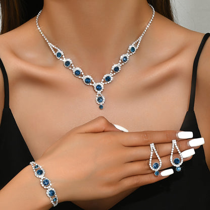 Chic Jewelry Set Featuring Silver Plated Copper and Stunning Blue & Black Rhinestones, Includes Necklace, Earrings, and Bracelet - Perfect for Parties, Weddings, and Any Season - Great Thanksgiving Gift Idea