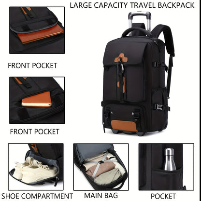 Women's rolling backpack with 17-inch wheeled travel laptop storage, shoe compartment, and trolley handle for business or school.