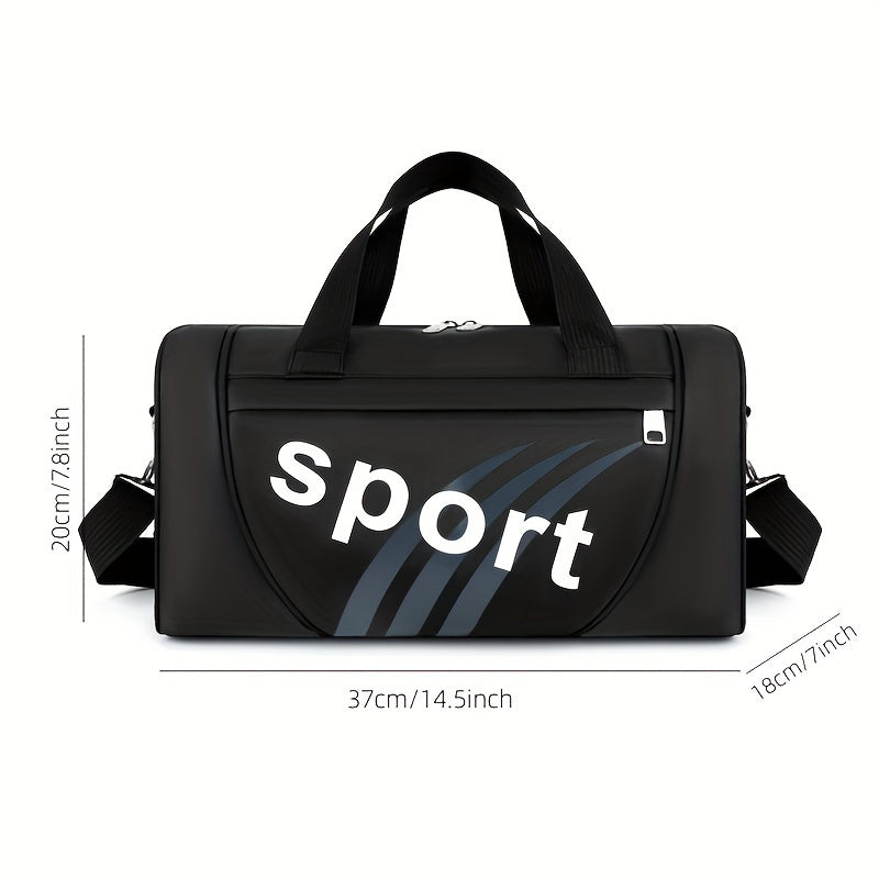 Unisex black nylon tote bag with adjustable shoulder strap and letter print for gym, yoga, sports, and leisure.