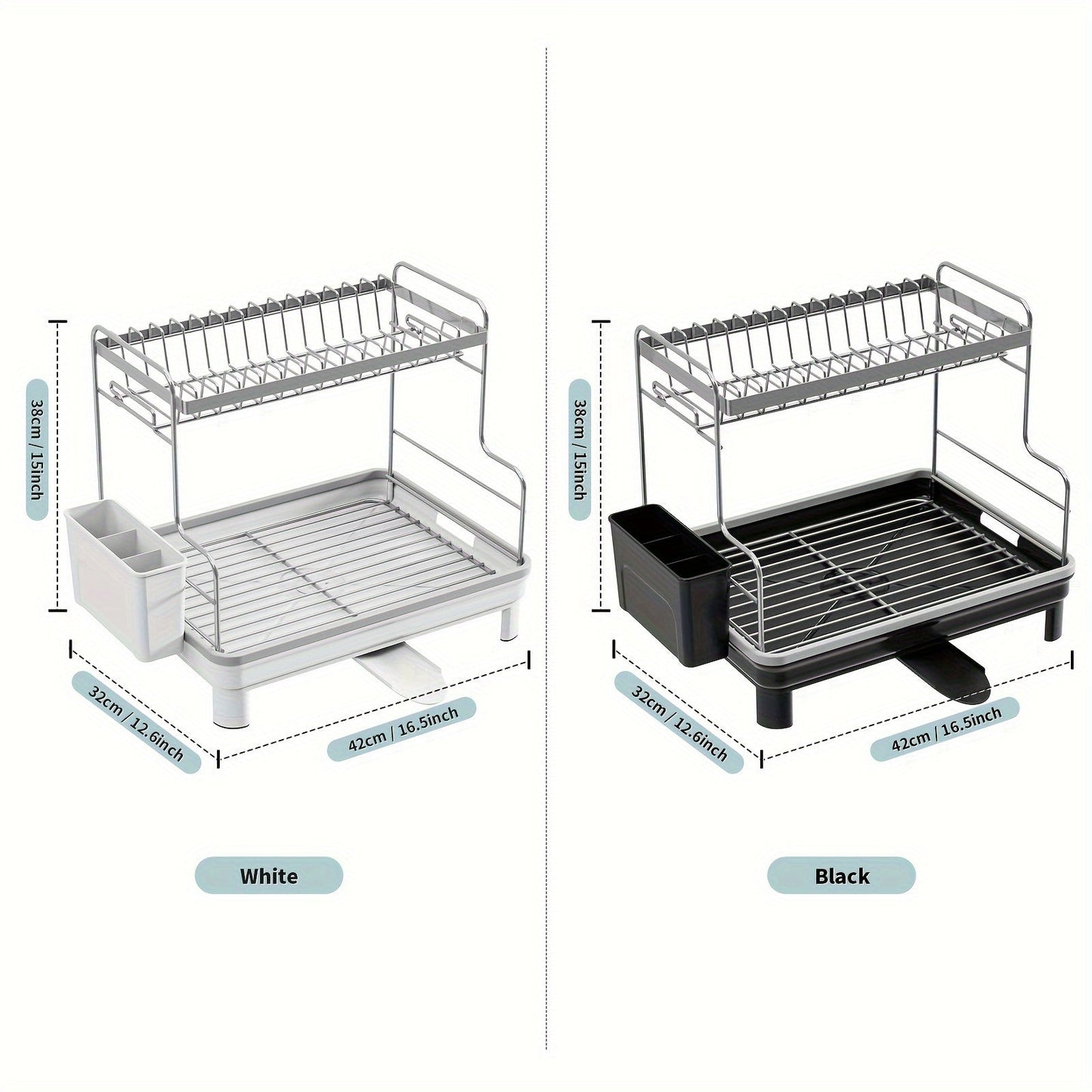 Multipurpose 2-Tier Metal and Plastic Dish Drying Rack with Drain Tray, Swivel Spout, and Sink Caddy - Countertop Storage Organizer for Dishes, Cutlery, Pots, Dish Brush, and Sponge Holder, Ideal for Kitchen and Bathroom Accessories