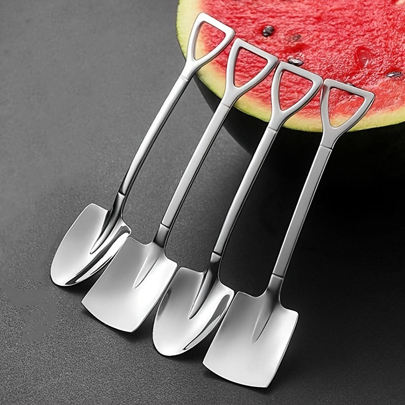 Set of four stainless steel dessert spoons, 6 inches in length perfect for mixing teas, desserts, coffee, tea, ice cream, fruit, and cake. Ideal for use in home kitchens, restaurants, as well as for holiday celebrations such as Christmas, Halloween, and