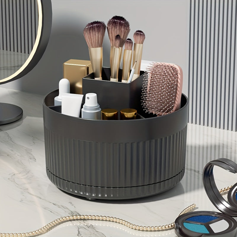 1pc Sleek Black Rotating Makeup Organizer with Large Capacity and 5 Compartments for Brushes, Skincare, and Beauty Essentials. Odorless Plastic Design ideal for Bedroom & Bathroom Decor.