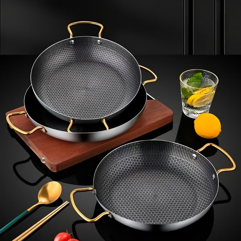 Stainless Steel Wok Pan with Honeycomb Coating, Non-Stick Chef's Pan with Golden Handles, Suitable for Gas Stovetops, No Electricity Required