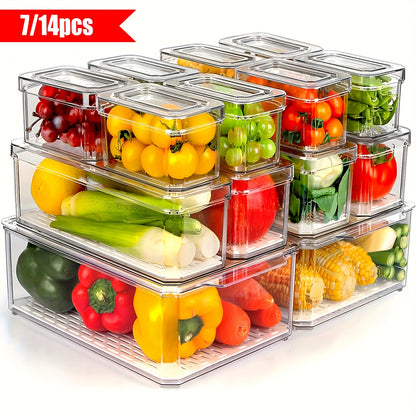 7/14 BPA-free stackable fridge organizer bins with lids for clear refrigerator storage of fruit, vegetables, food, drinks - essential for RV organization.