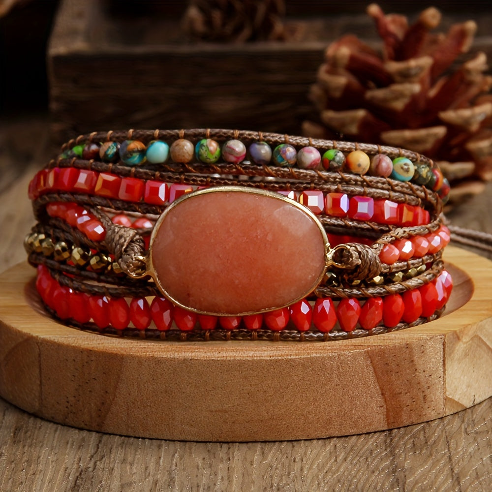 Multi-layered hand rope jewelry accessory made from colorful natural stones, designed as a wrap bracelet.