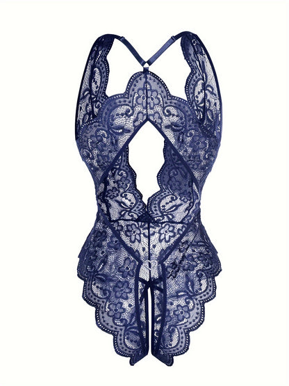 Sexy lace teddy with deep plunge, scallop trim, open crotch, and backless design - perfect for sultry nights.