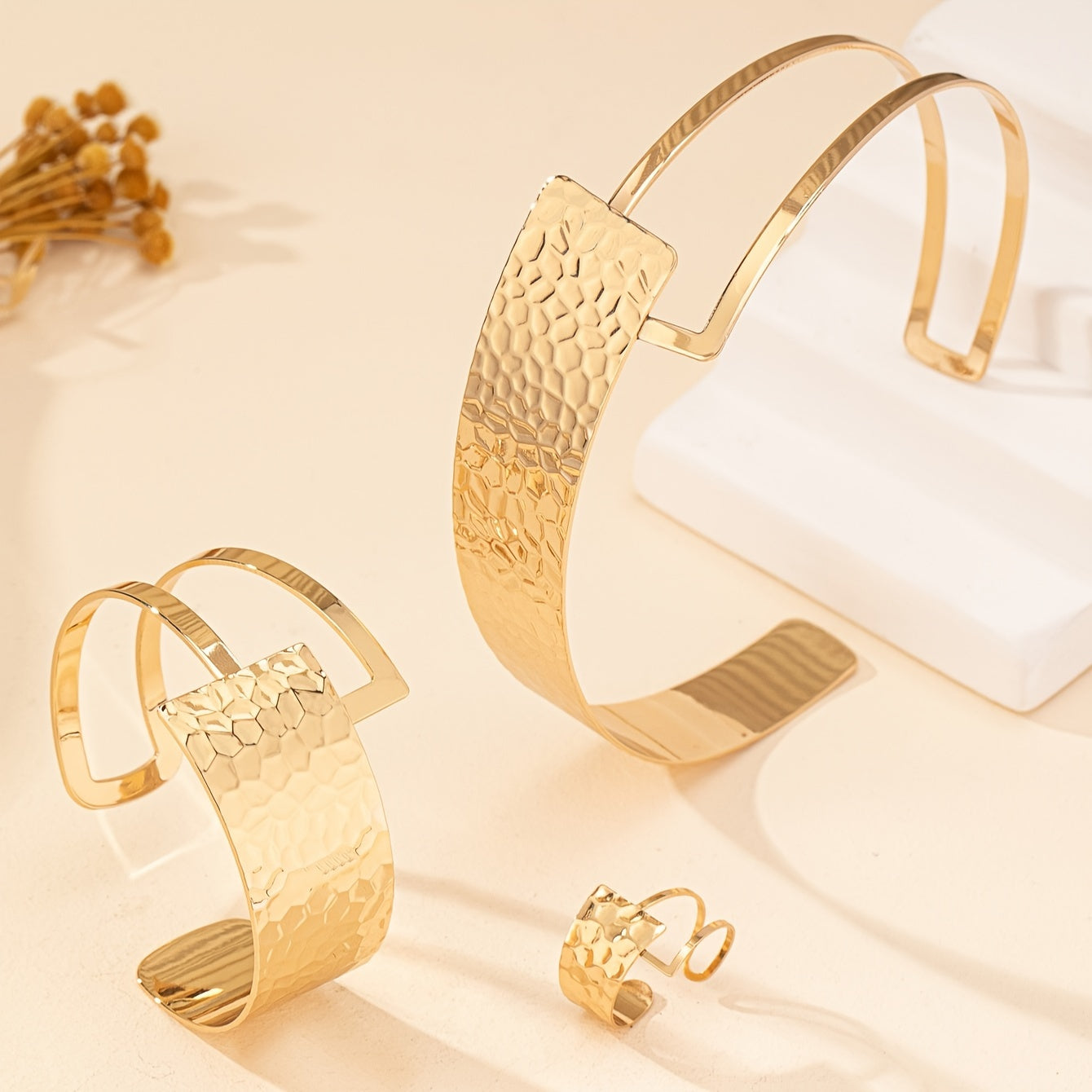 Chic Boho 3-Piece Jewelry Set for Women, Featuring 18K Gold Plated Textured Geometric Choker, Cuff Bracelet, and Ring. Perfect for Daily Wear or Special Occasions, Elevate Your Style with These Versatile Fashion Accessories.