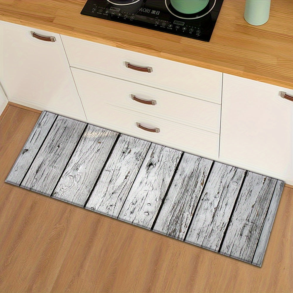 Gray and white wood grain entrance mat, 1 piece, designed to absorb water in the kitchen. This long strip floor mat can also be used in the home bathroom as a non-slip foot mat or in the bedroom as a sofa carpet.